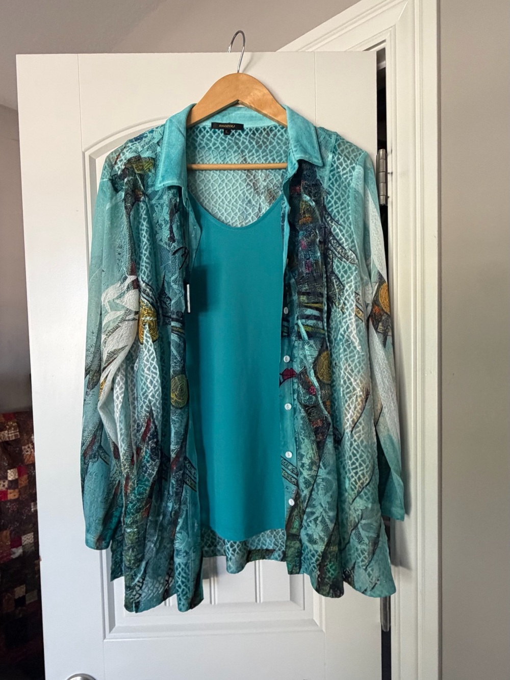 Radzoli Teal Two-Piece Sheer Printed Button-Down Set
